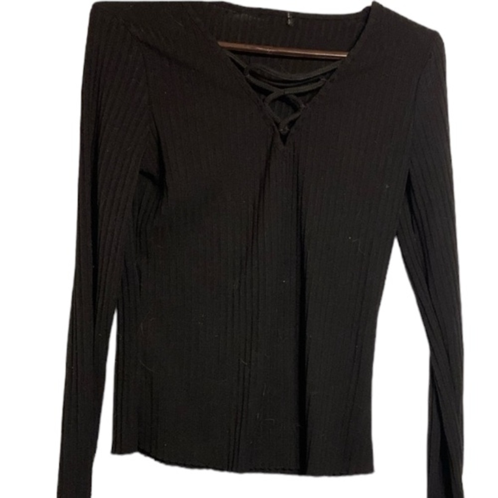 Strappy Black Long Sleeve Top ribbed